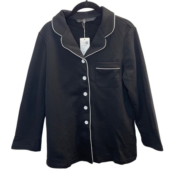 Goelia Womens Black Button-Up Pajama Set With White Piping Trim Sz 4 - New - Picture 4 of 14